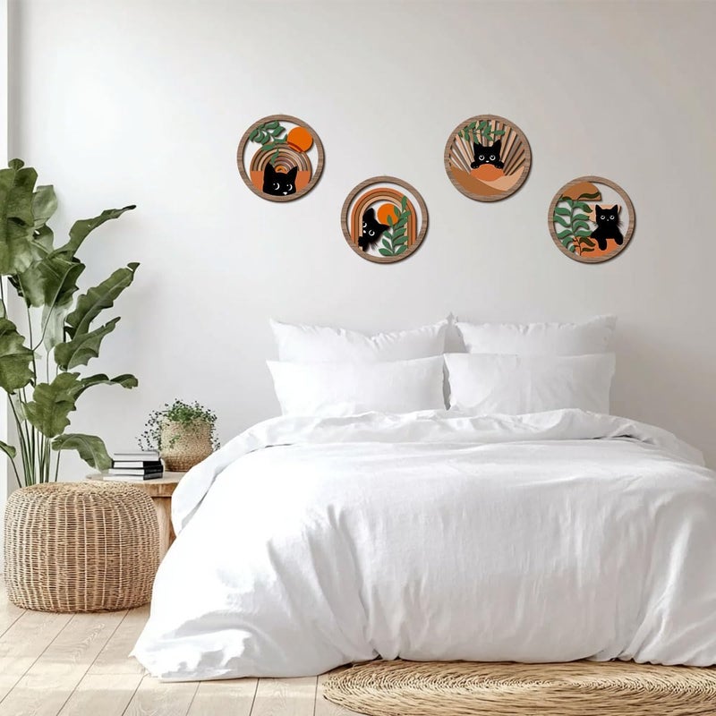 XFN 4PCs 3D Boho Cat Hanging Wooden Wall Art Wall Decor, Botanical Wall Decor Bohemian Decor, Cat Lover Gifts, Wooden Sign Wood Art Wood Plaque Home Decor for Living Room Bedroom Farmhouse Office - Image 5